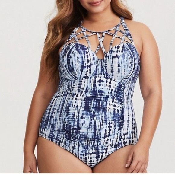 Torrid Women's L Strappy Front Convertible One Piece Swimsuit Blue White Tie Dye - Picture 1 of 8